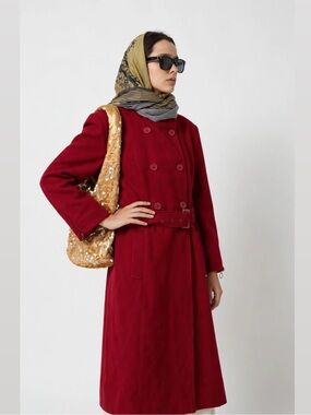 Women's Double-Breasted Red Wool Belted Coat